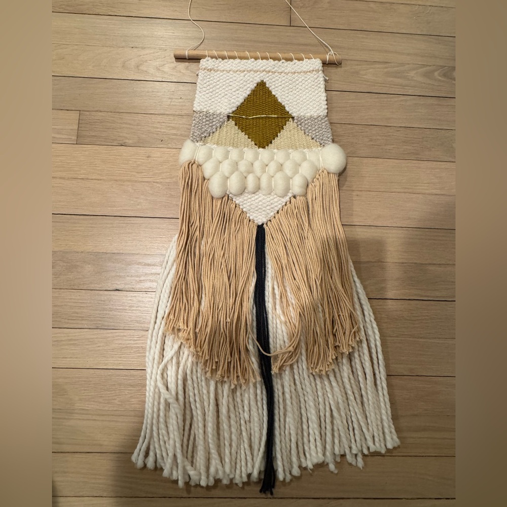 Handwoven Boho Wall Hanging in Cream, Tan & Mustard